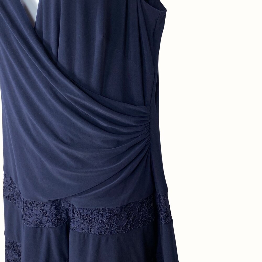 Lauren Ralph Lauren Navy Blue Ruched Lace Inset Sleeveless Fit & Flare Dress 16 - Picture 6 of 12